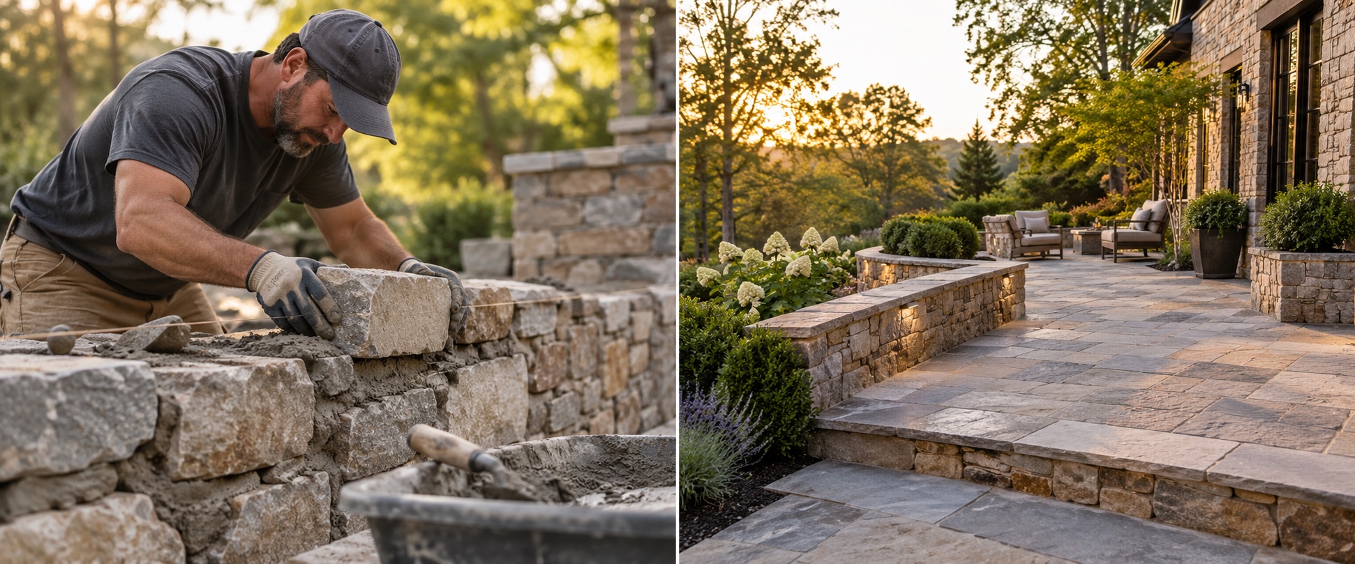 Illustration of masonry work and a finished stone patio